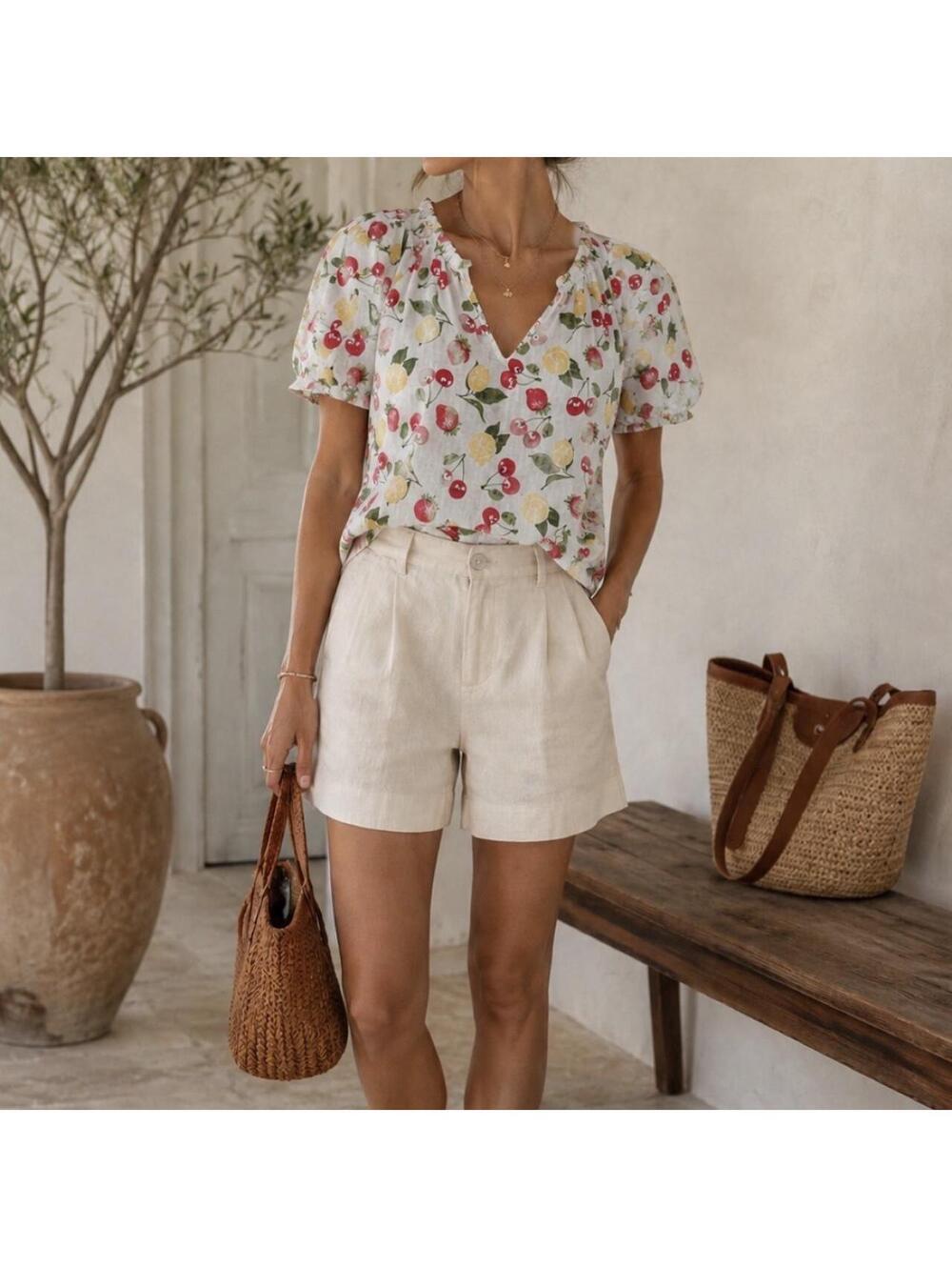 Linen fruit print blouse Size XXL European summer cherry lemon strawberry chic